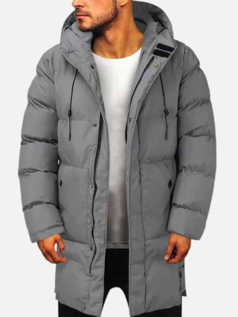 Men’s Long Puffer Coat with Hood for Winter Warmth