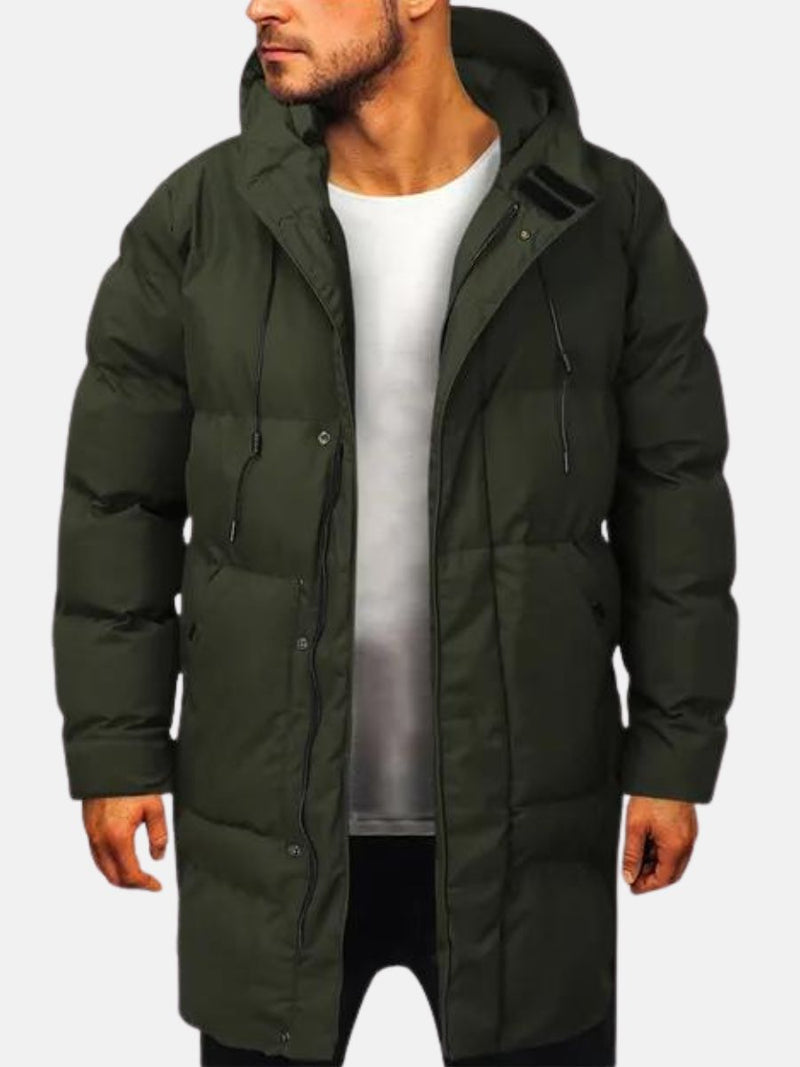 Men’s Long Puffer Coat with Hood for Winter Warmth