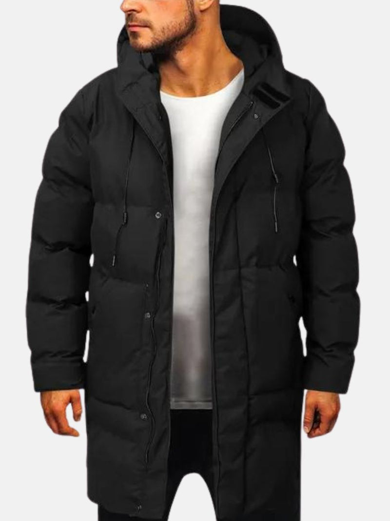 Men’s Long Puffer Coat with Hood for Winter Warmth