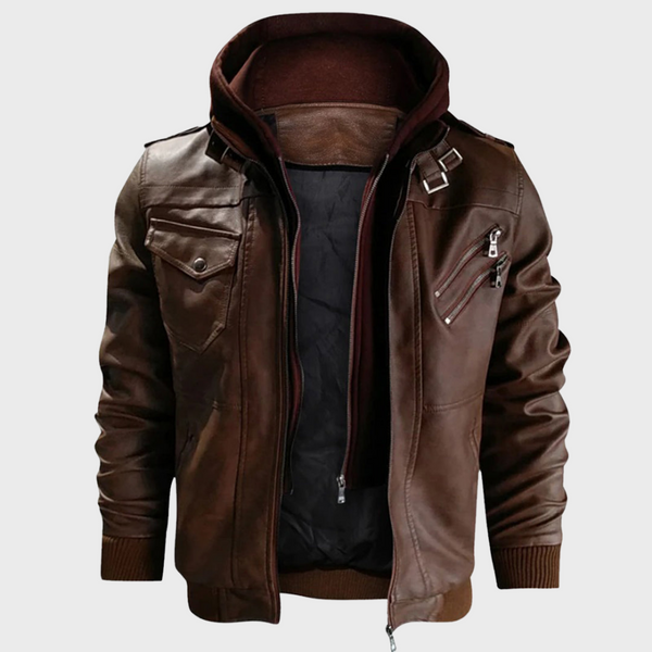 Men's Leather-Style Jacket with Hood