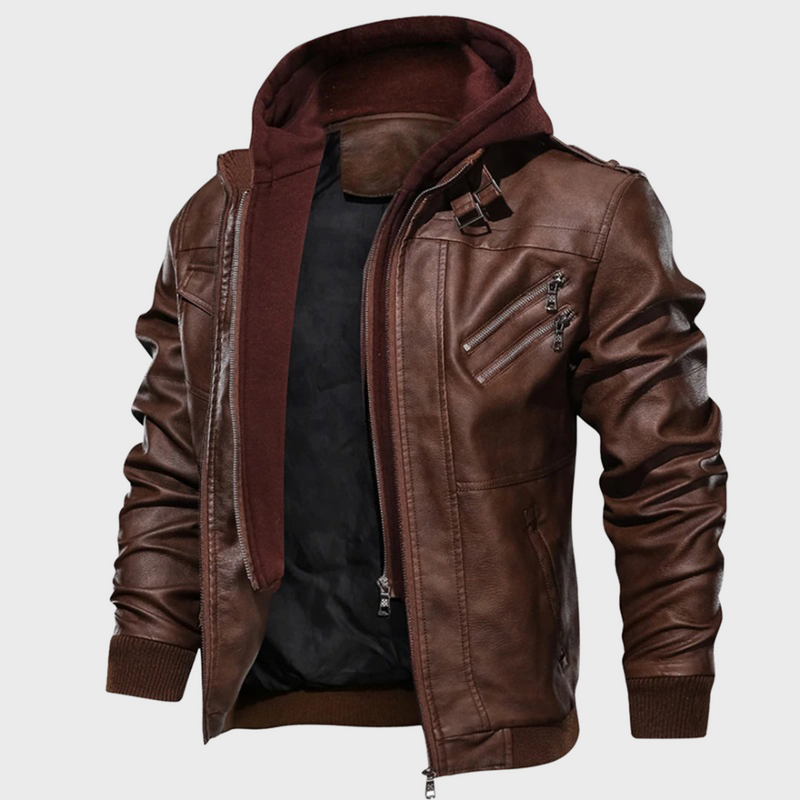 Men's Leather-Style Jacket with Hood