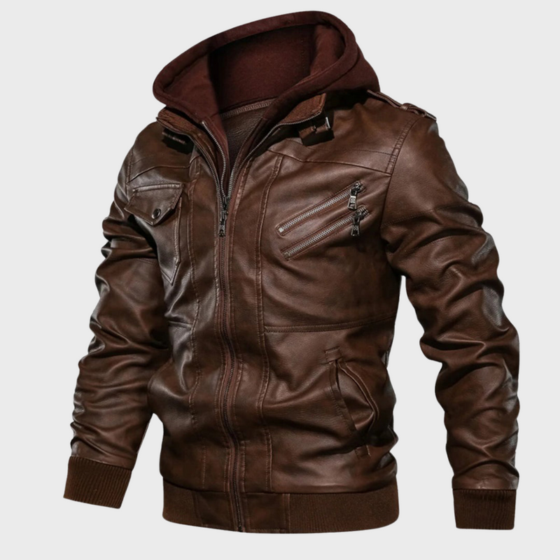 Men's Leather-Style Jacket with Hood