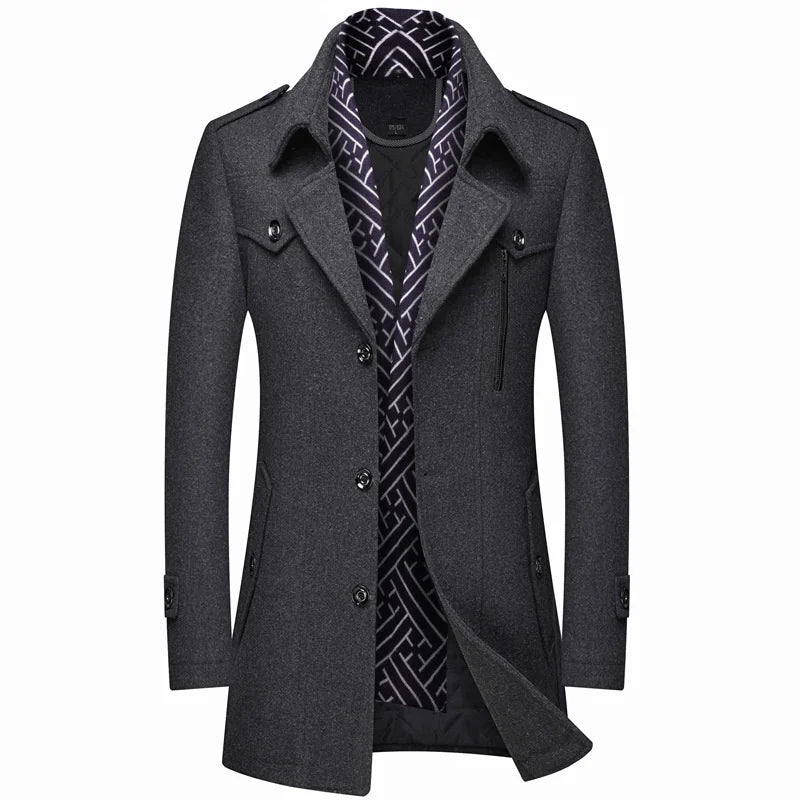 Men's Smart Long Coat with Button Closure