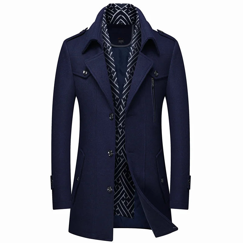 Men's Smart Long Coat with Button Closure