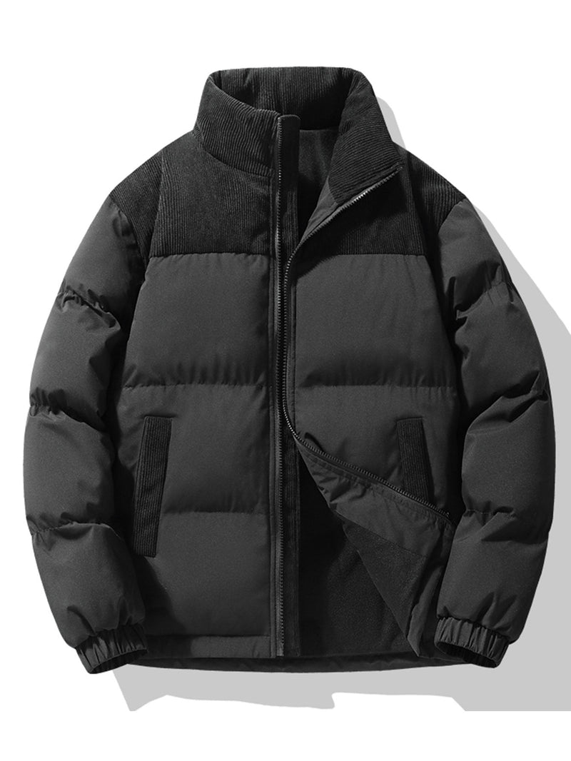 Men's Corduroy Accent Puffer Jacket with High Collar