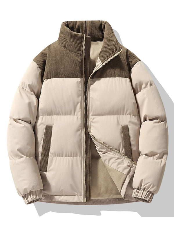 Men's Corduroy Accent Puffer Jacket with High Collar