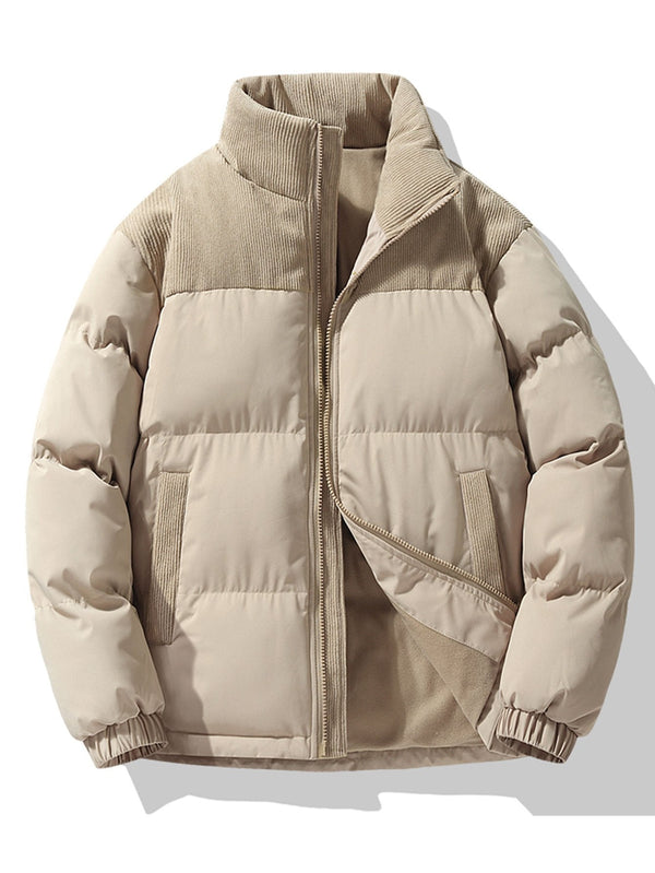 Men's Corduroy Accent Puffer Jacket with High Collar